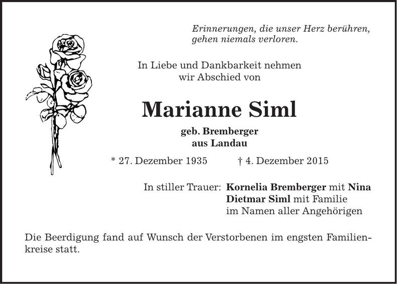 Traueranzeige Marianne Siml