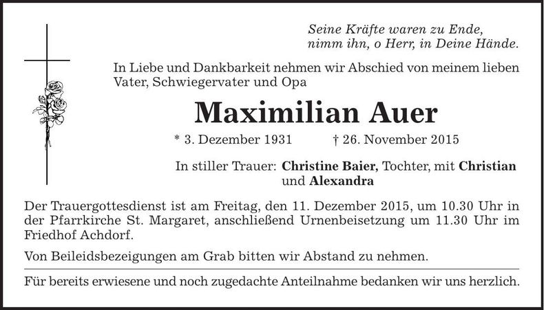 Traueranzeige Maximilian Auer