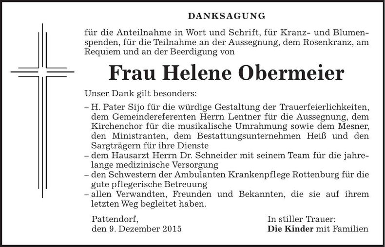 Traueranzeige Helene Obermeier