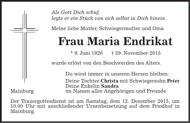 Traueranzeige Maria Endrikat