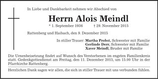 Traueranzeige Alois Meindl