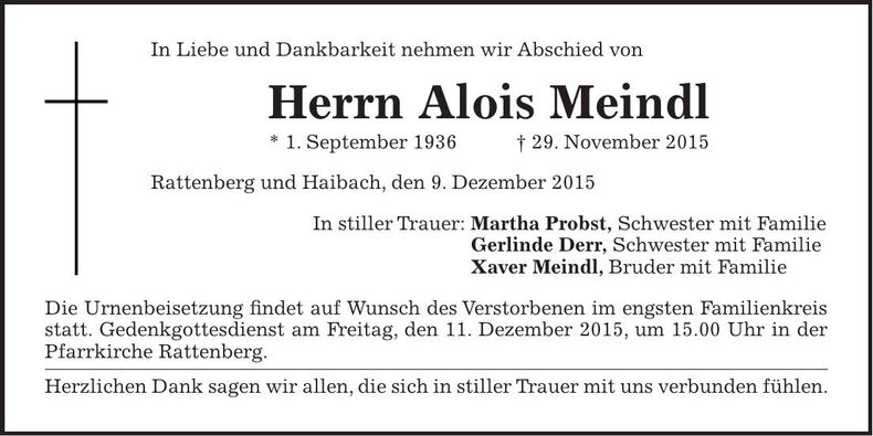 Traueranzeige Alois Meindl