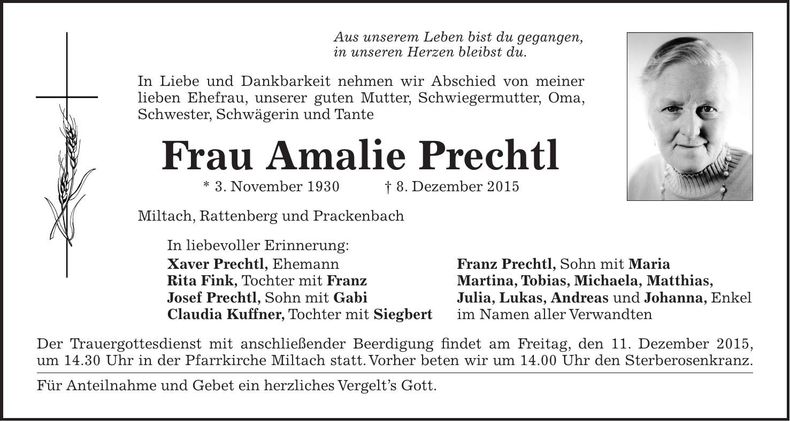 Traueranzeige Amalie Prechtl