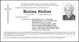 Traueranzeige Rosina Stelzer