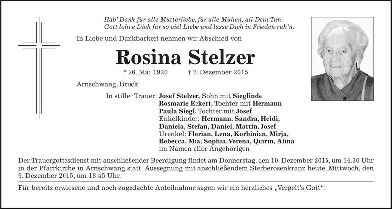 Traueranzeige Rosina Stelzer