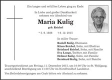 Traueranzeige Maria Kulig