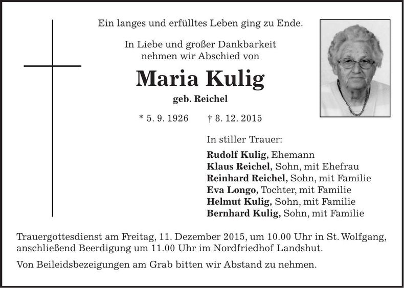 Traueranzeige Maria Kulig