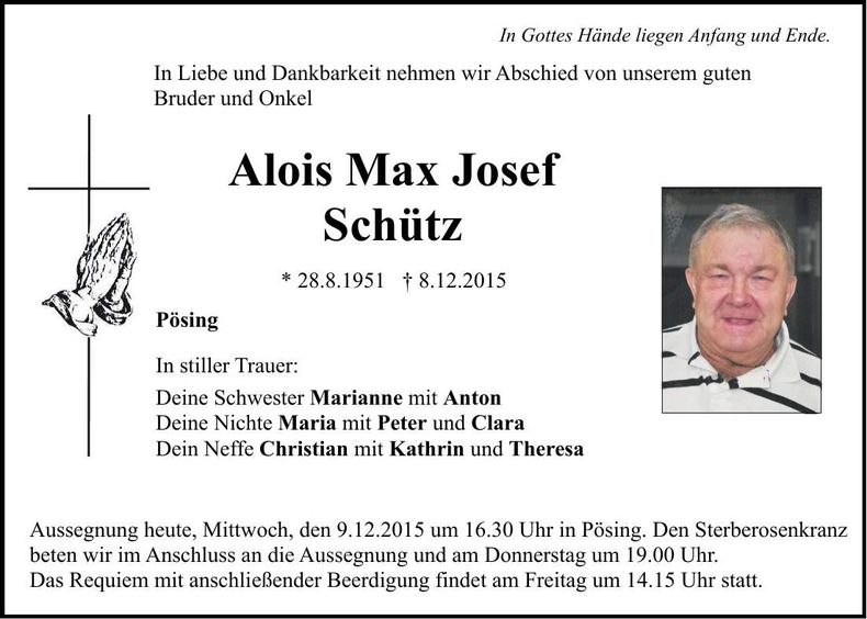 Traueranzeige Alois Max Josef Schütz