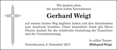 Traueranzeige Gerhard Weigt