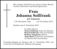 Traueranzeige Johanna Sollfrank