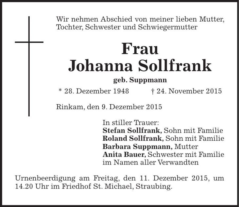 Traueranzeige Johanna Sollfrank