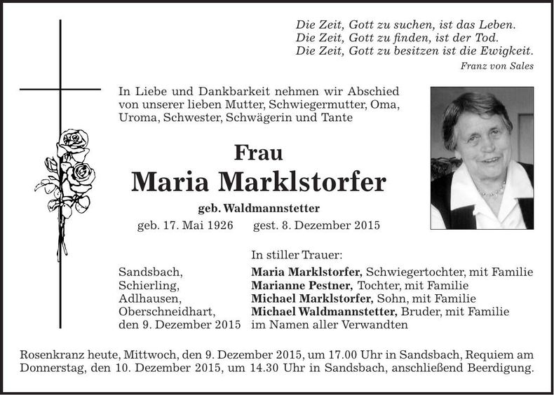Traueranzeige Maria Marklstorfer