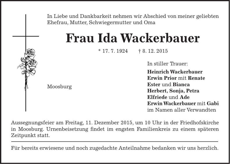 Traueranzeige Ida Wackerbauer