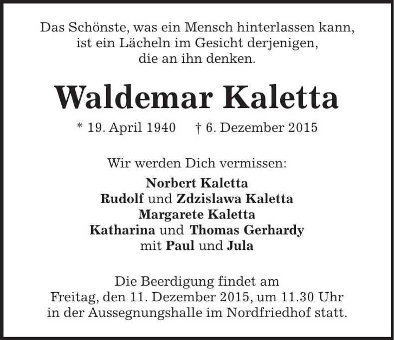 Traueranzeige Waldemar Kaletta