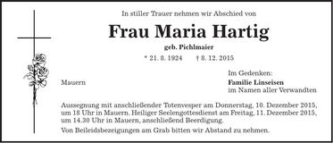 Traueranzeige Maria Hartig
