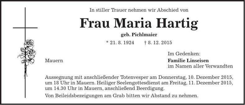 Traueranzeige Maria Hartig