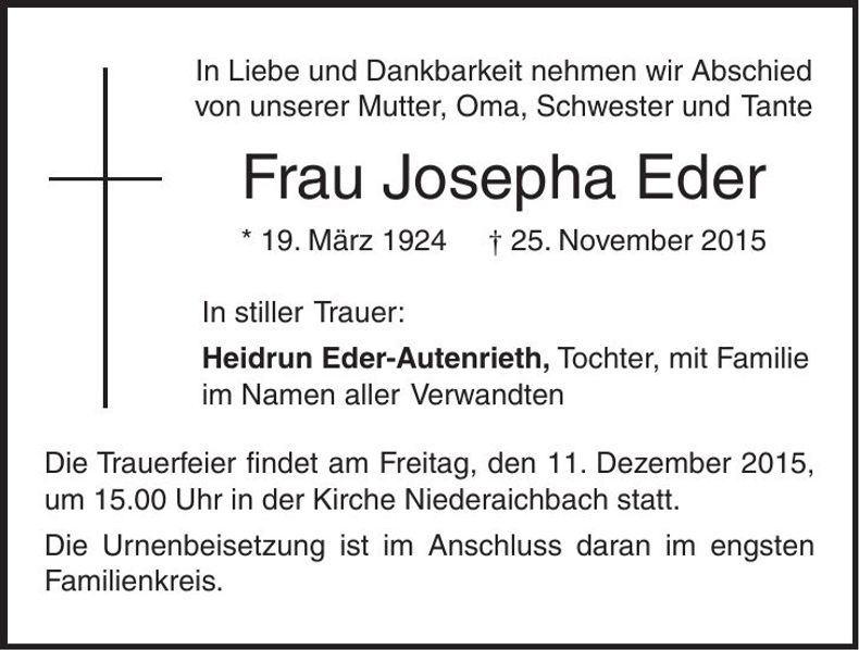 Traueranzeige Josepha Eder