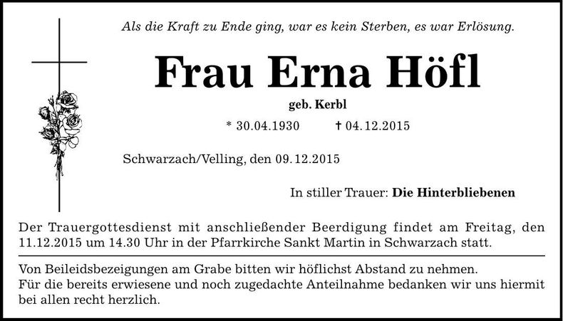 Traueranzeige Erna Höfl
