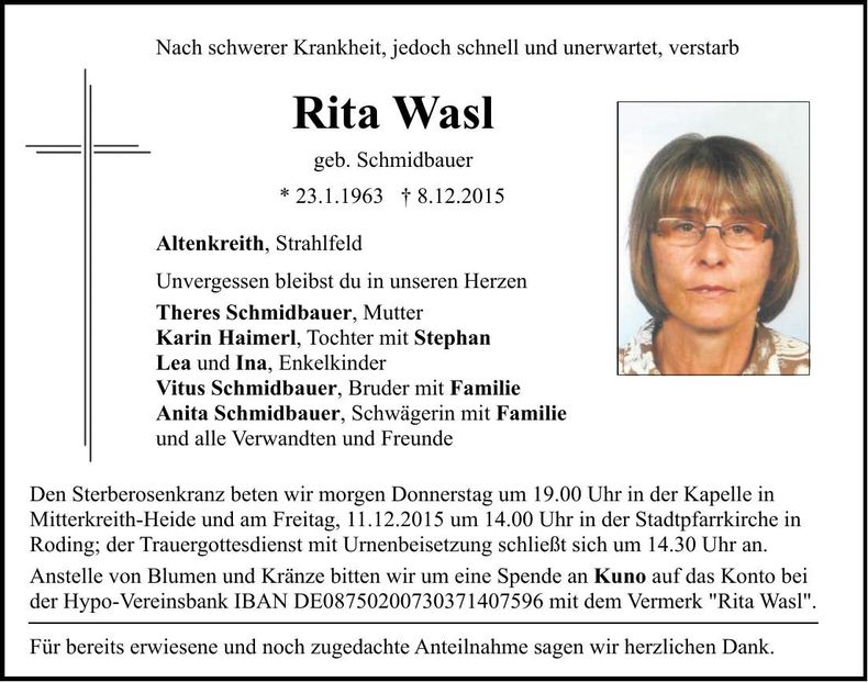 Traueranzeige Rita Wasl
