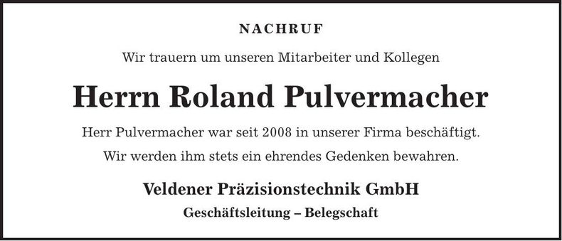 Traueranzeige Roland Pulvermacher