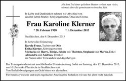 Traueranzeige Karoline Klerner