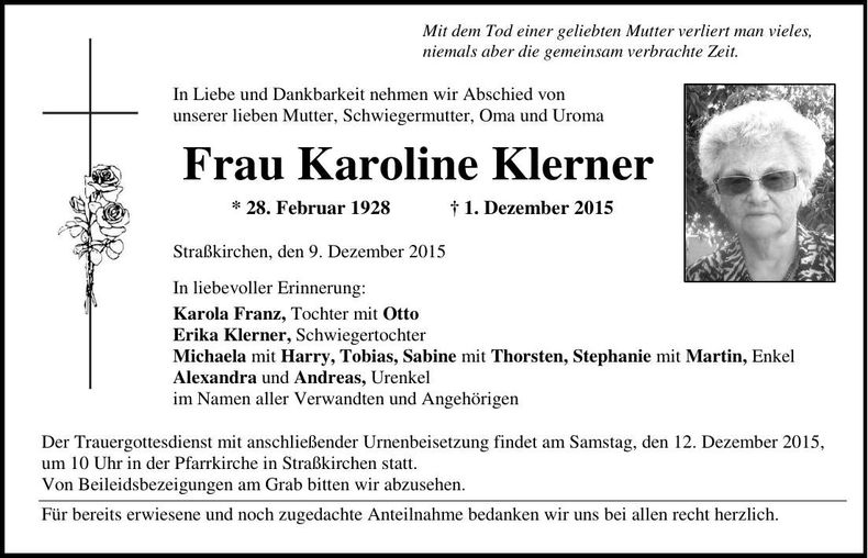 Traueranzeige Karoline Klerner