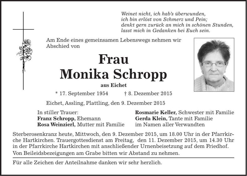 Traueranzeige Monika Schropp
