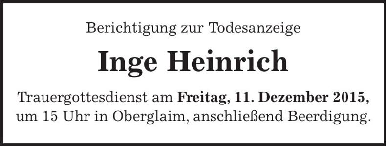 Traueranzeige Inge Heinrich