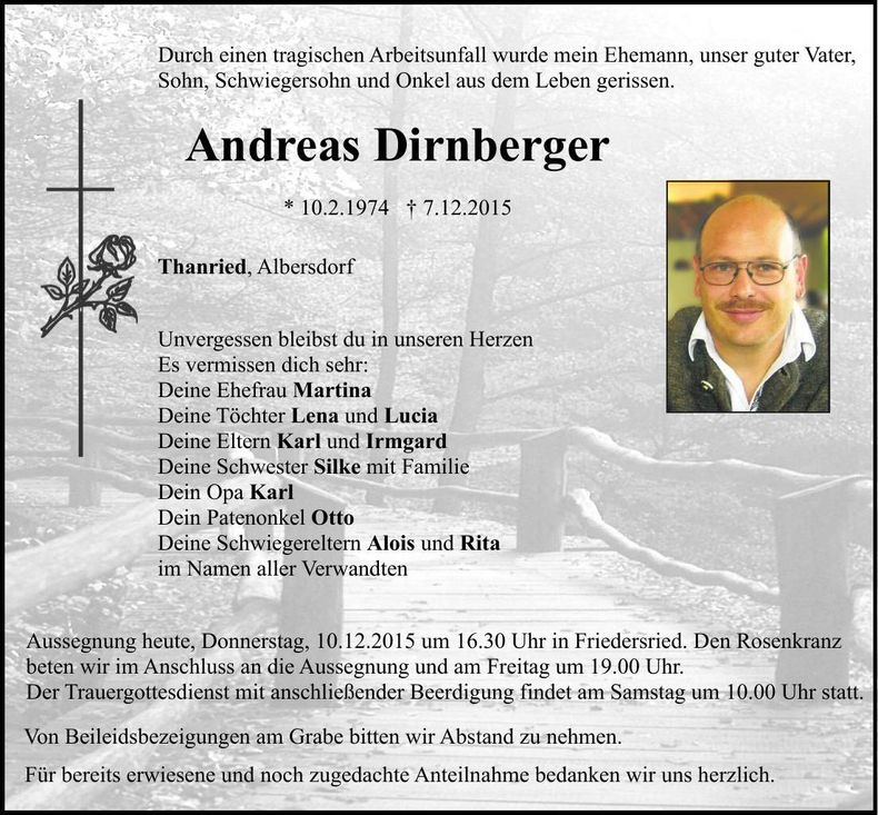 Traueranzeige Andreas Dirnberger