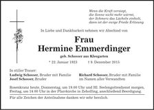 Traueranzeige Hermine Emmerdinger