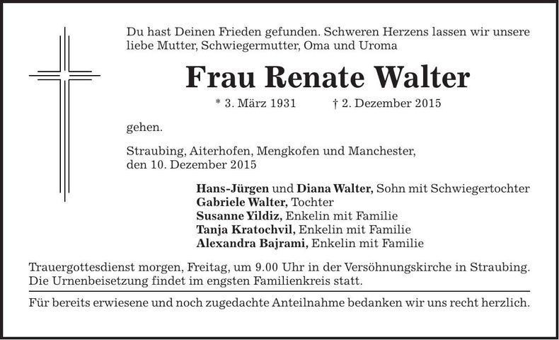 Traueranzeige Renate Walter