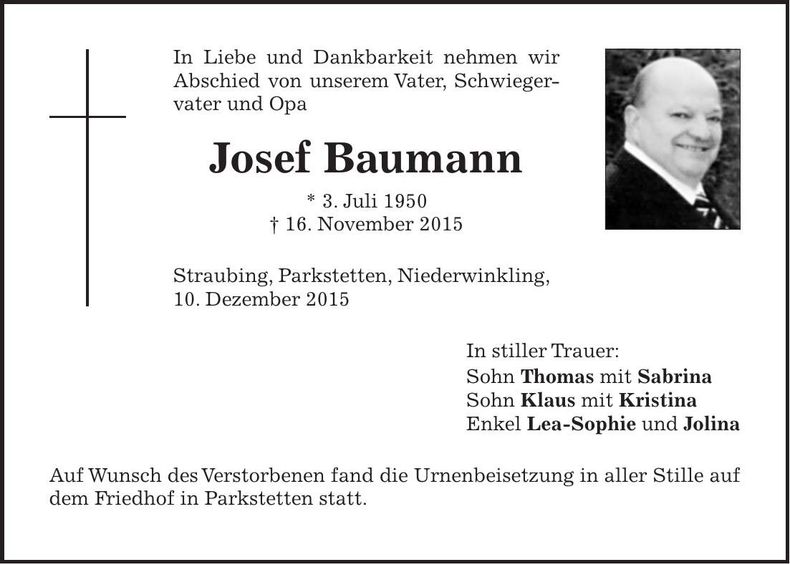 Traueranzeige Josef Baumann