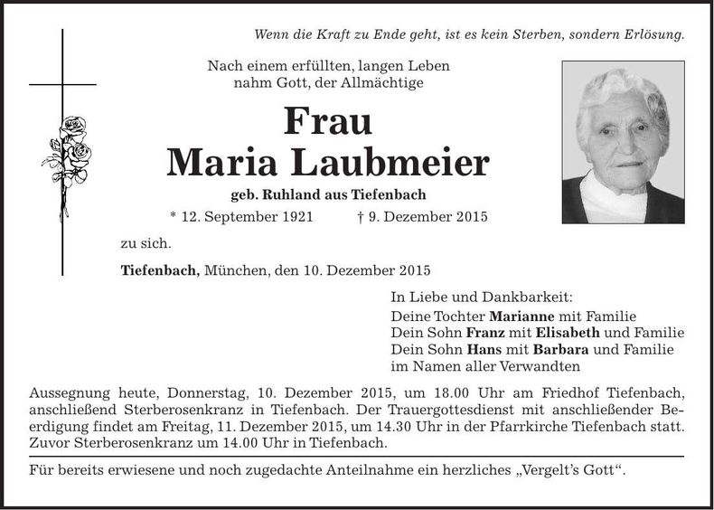 Traueranzeige Maria Laubmeier