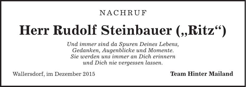 Traueranzeige Rudolf "Ritz" Steinbauer