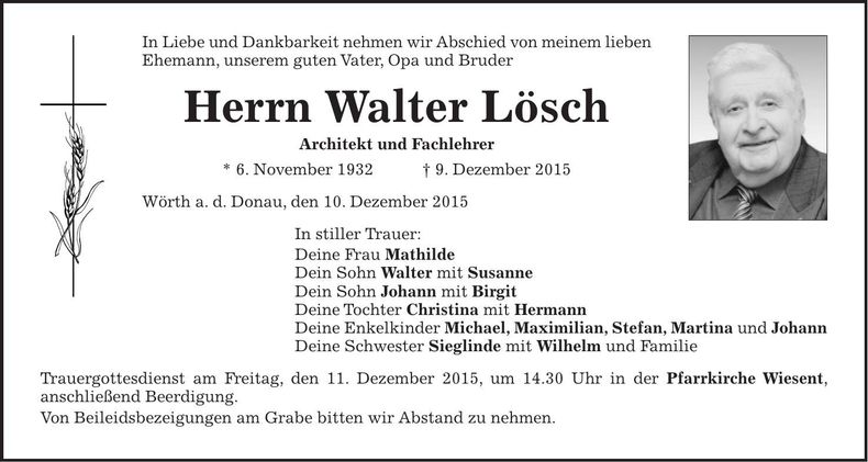 Traueranzeige Walter Lösch