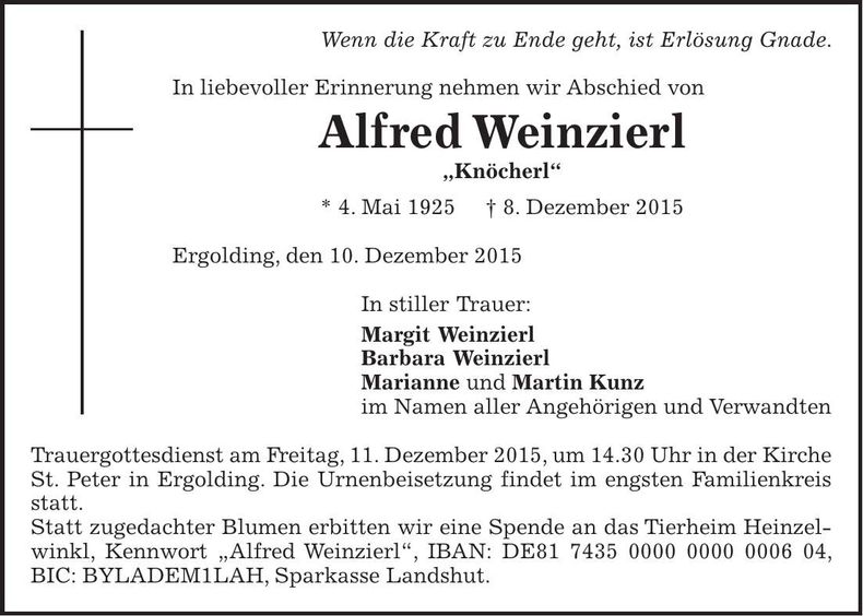Traueranzeige Alfred Weinzierl