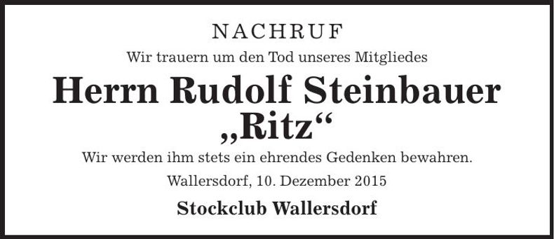 Traueranzeige Rudolf "Ritz" Steinbauer