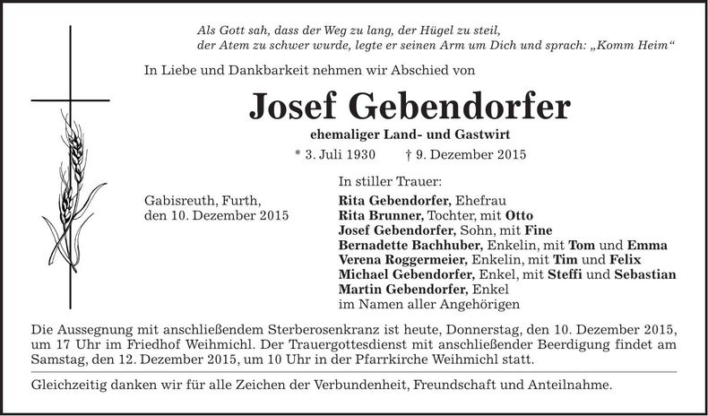 Traueranzeige Josef Gebendorfer