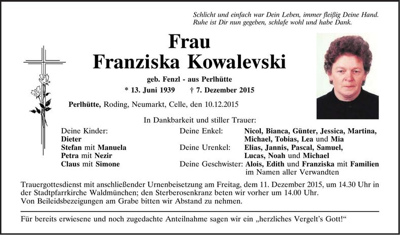 Traueranzeige Franziska Kowalevski