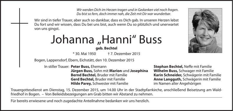 Traueranzeige Hanni Buss