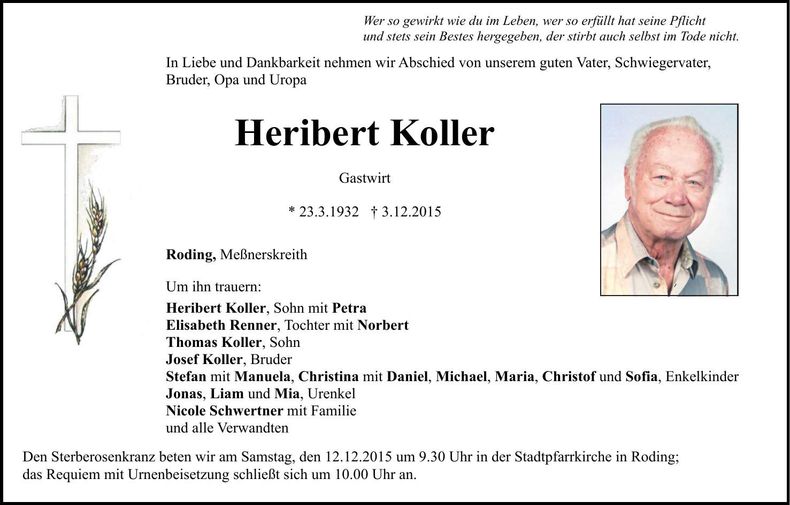Traueranzeige Heribert Koller