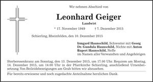 Traueranzeige Leonhard Geiger