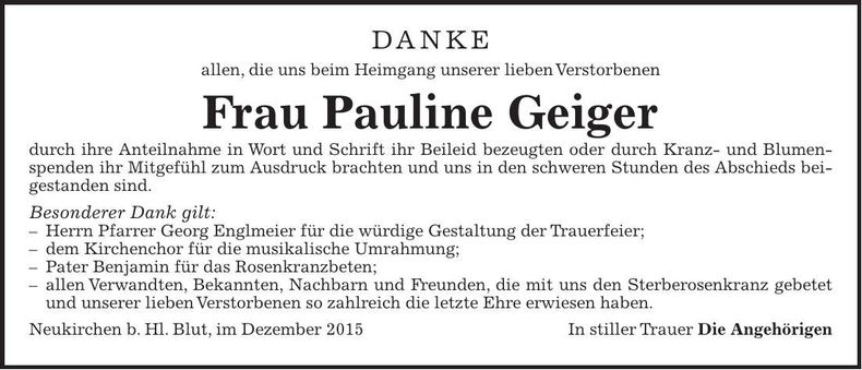 Traueranzeige Pauline Geiger