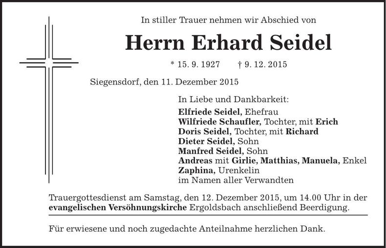 Traueranzeige Erhard Seidel
