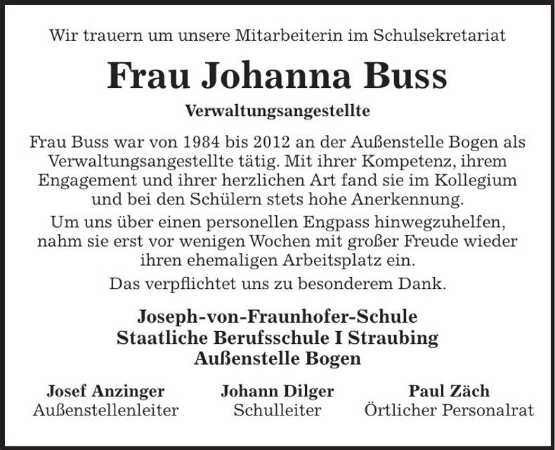 Traueranzeige Johanna Buss