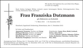 Traueranzeige Franziska Datzmann