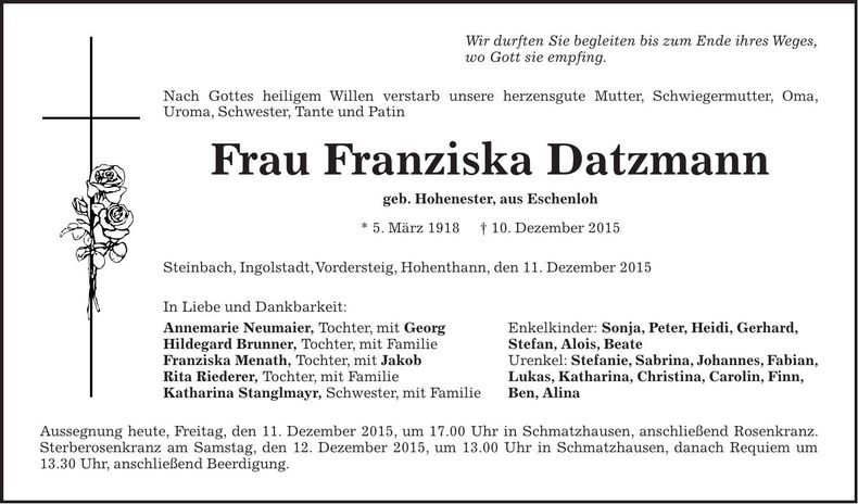 Traueranzeige Franziska Datzmann
