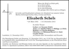 Traueranzeige Elisabeth Schels