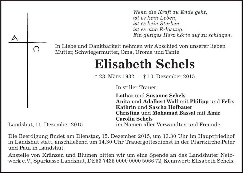Traueranzeige Elisabeth Schels