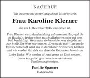Traueranzeige Karoline Klerner